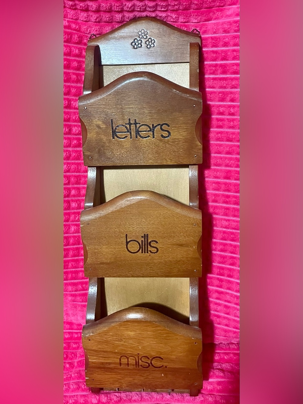 Vintage Wood Wall Organizer - Brown Letters/Bills/Misc With 3 Key Hooks